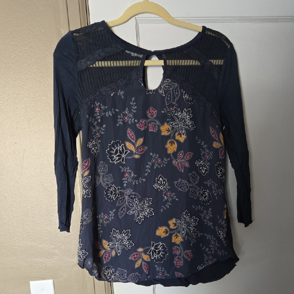 Maurices Navy Floral Blouse with Keyhole Back Detail